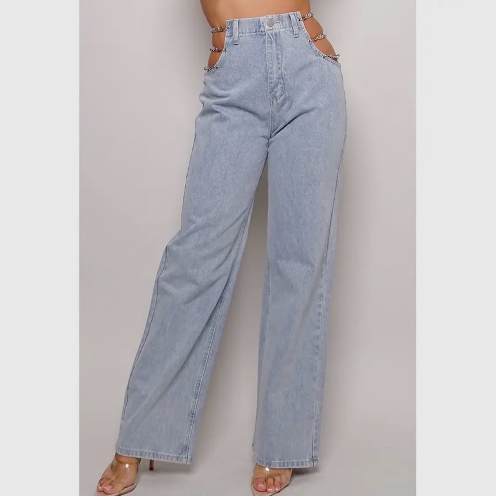 88-Y2K 90s Chic Chain Side Wide Leg Jeans - Picture 4 of 7
